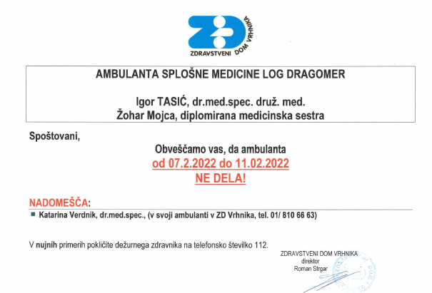 OBVESTILO - Ambulanta splošne medicine Log - Dragomer.png
